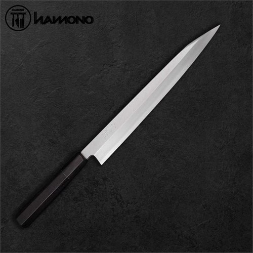 Dao Sashimi Musashi Kiritsuke Yanagiba thép bạc #3 cán gỗ sừng trâu 240mm
